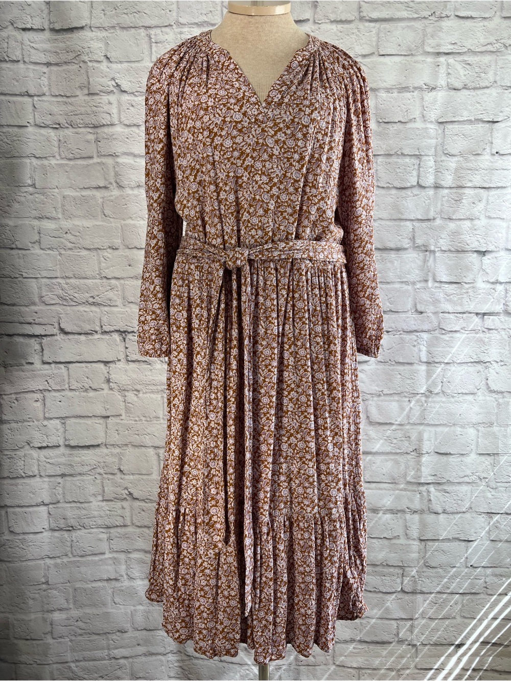 GAP Brown BoHo Splitneck Floral Long Sleeve Midi Dress Size XL